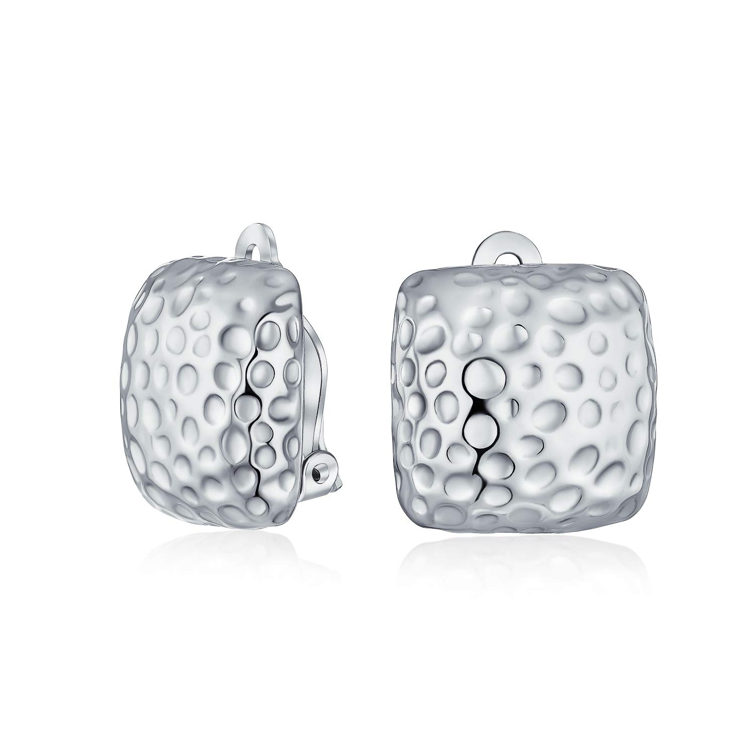 Simple Geometric Casual Fashion Speckle Texture Hammered Square Clip On Earrings For Women Non Pierced Ears Silver Plate