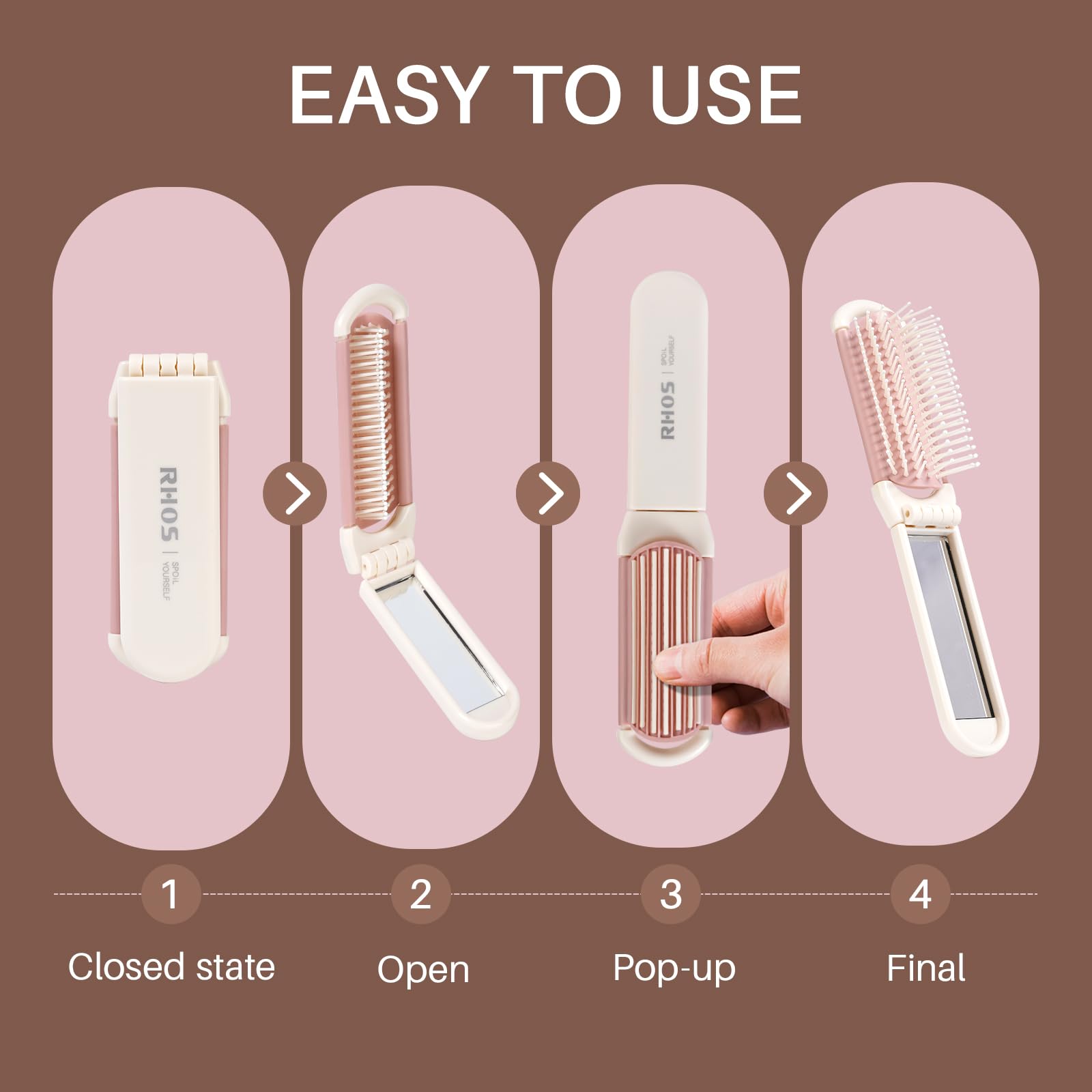 RHOS Folding Brush with Mirror for Women, Girls - Mini Hair Brush for Purse, Small Pocket Brush with Soft Nylon Bristles and Mirror for Travel (Beige)