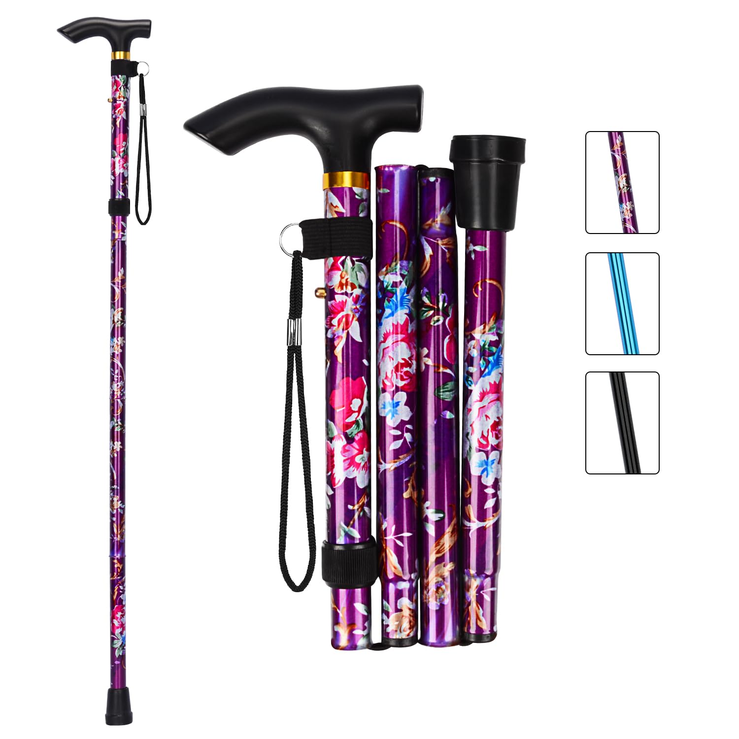 MFE Folding Cane, Portable 5-Level Adjustable Height Walking Stick with Foldable Design, Wrist Strap, and T Handle for Men and Women