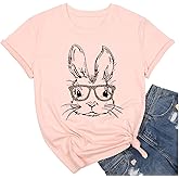 Bunny with Leopard Glasses T-Shirt for Women Cute Easter Bunny Graphic Tees Casual Short Sleeve Shirts Tops