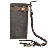 Mens Wallet with Chain Leather Long Bifold Trucker Wallet Vintage Biker Money Clip with Zipper