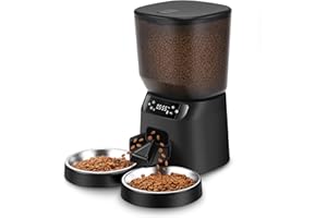 KATALIC Automatic Cat Feeders for Two Cats, 5L/20 Cups Double Automatic Cat Food Dispenser with 2 Stainless Bowls, Timer Setting 20 Portions 6 Meals Per Day, 10s Meal Call, Pet Feeder for Dog (Black, 5L)