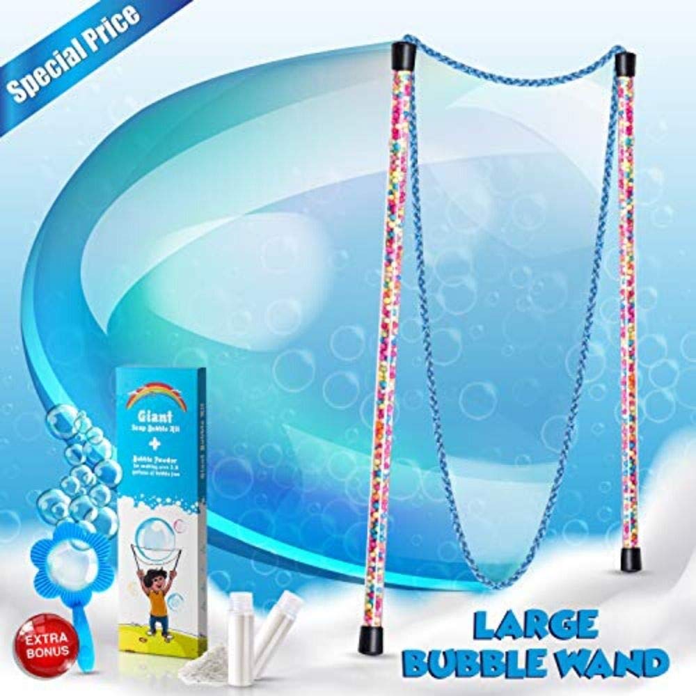 Giant Bubble Wands Kit, Outdoor Toy for Kids, Bubble Toys for Party Incl. Long, Flexible, Corded Dual Wand and Mixing Powder for 2.5 Gallons