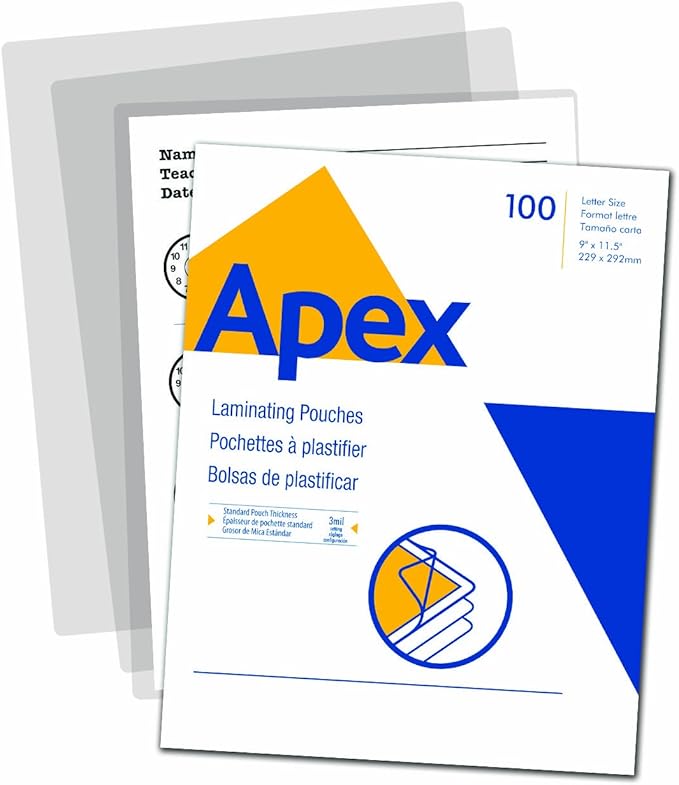 Apex Standard Laminating Pouches, Letter Size for 3ml Setting, 100 Per Pack (5242601) Amazon.ca