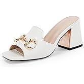 gihubafuil Women's Sandals Chunky Heel Peep Toe Slides Single Band Comfort Mules Slip-on with Metal Chain for Summer