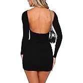Coloquin Women Long Sleeve Backless Bodycon Mini Dress Open Back Ruched Dress Club Party Going Out Dresses