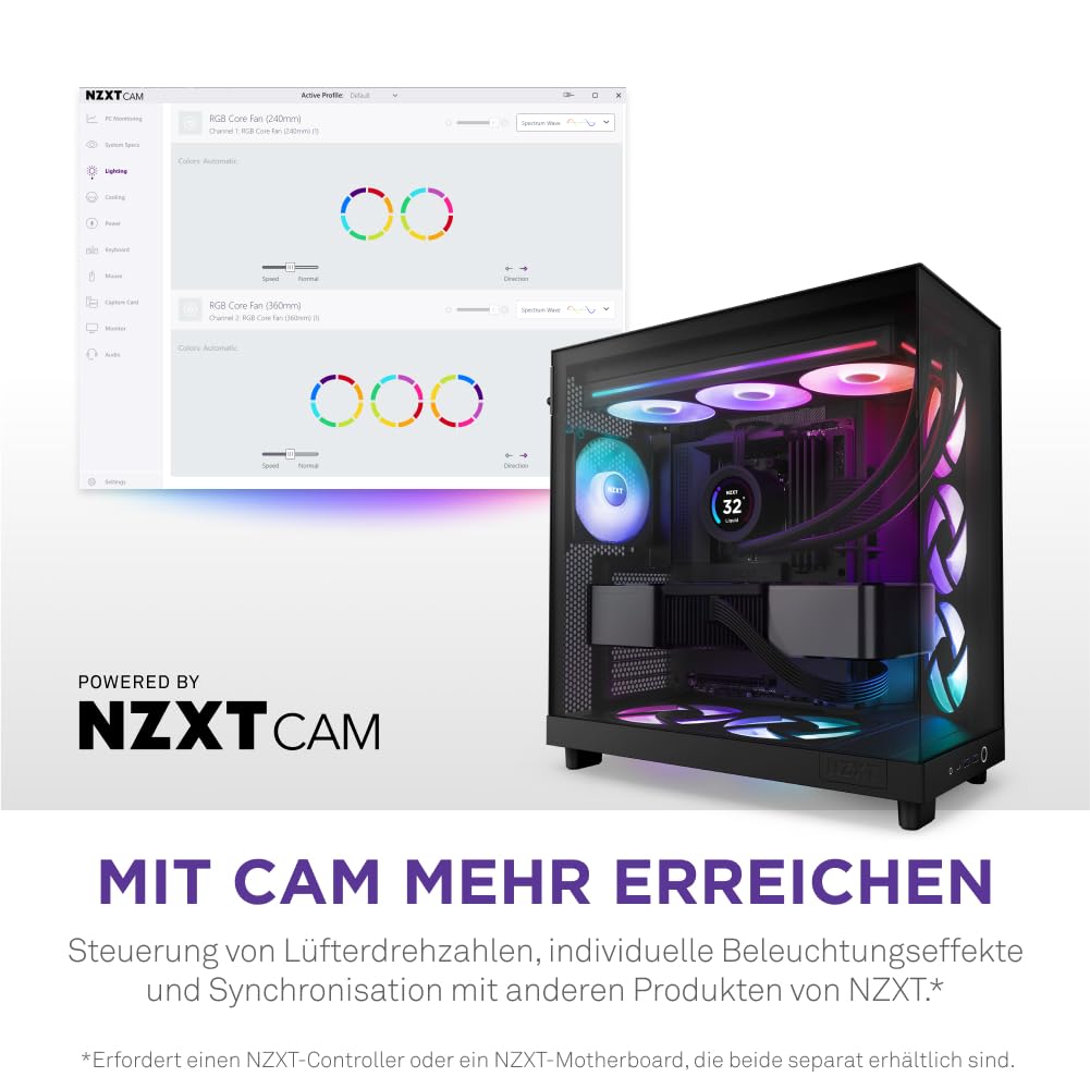 NZXT F360 RGB Core - 360 mm Einzelrahmen-Lüftereinheit mit 3 x 120 mm RGB-Lüftern - Drehzahl- und Beleuchtungssteuerung - Hoher statischer Druck und Luftstrom - 8 aRGB-LEDs pro Lüfter - Schwarz 9