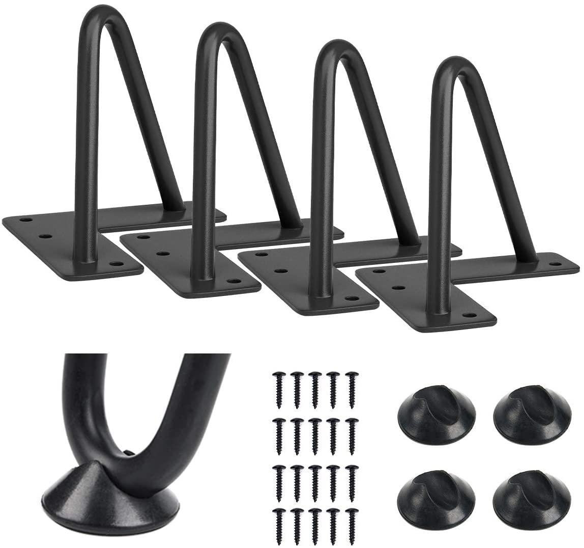 Heavy-Duty Hairpin Coffee Table Legs Diameter 3/8” with Screws and 4pcs Bonus Rubber Floor Protectors, Metal Home DIY Projects for TV Stand, Sofa, Cabinet, etc with Rubber Floor Protectors (4inch)