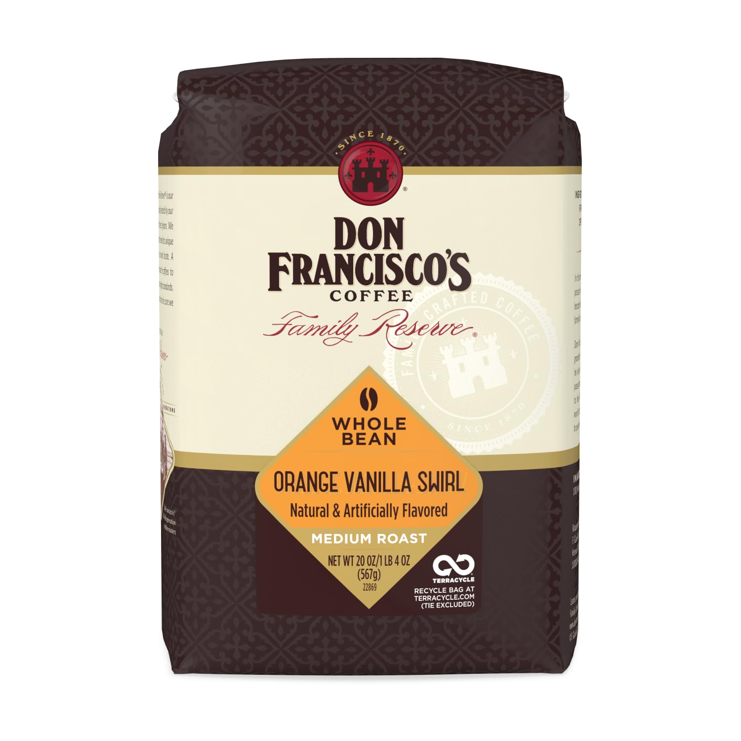 Photo 1 of Don Francisco's Orange Vanilla Swirl Whole Bean Coffee, Medium Roast – Flavored 100% Arabica, 20 oz Bag, Premium Coffee for Drip, Pour Over & French Press