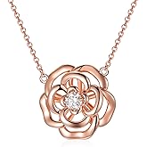 AOBOCO Sterling Silver Heart Rose Flower Necklace Embellished with Crystals from Austria, Fine Anniversary Birthday Rose Flower Jewelry Gifts for Women