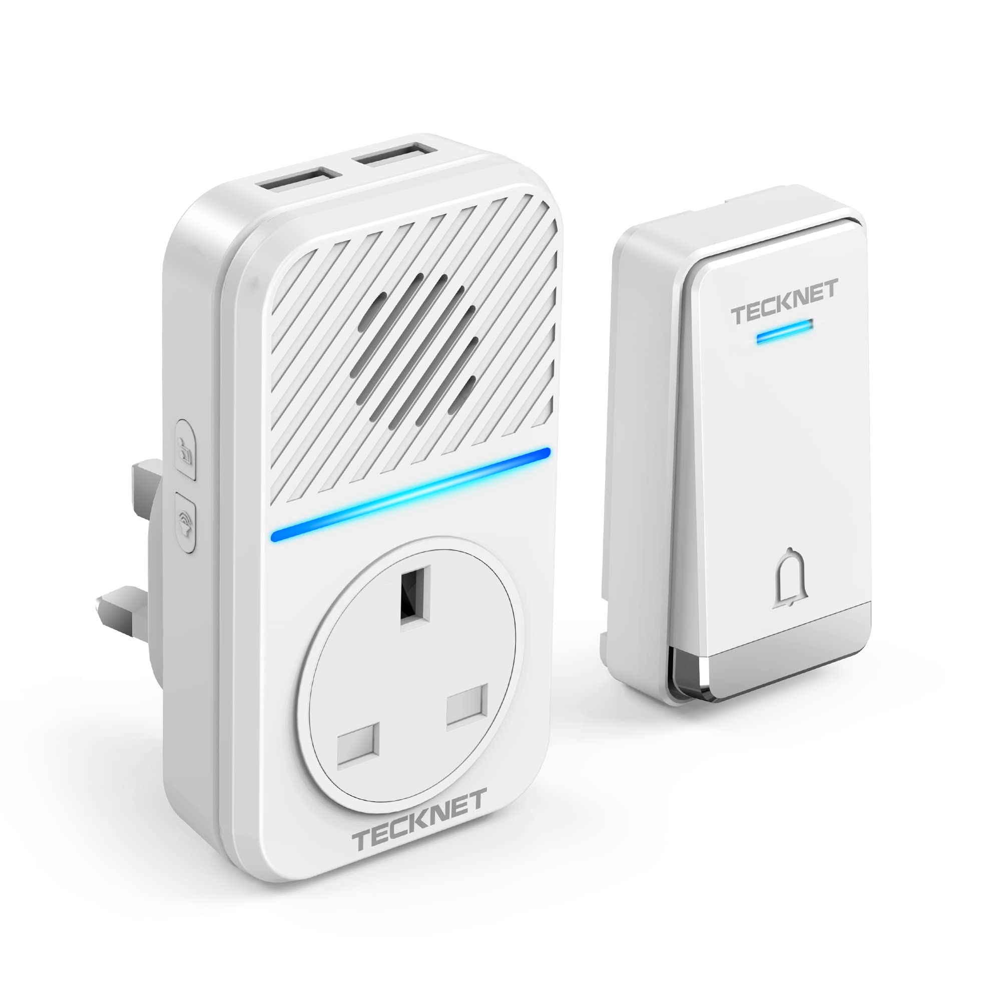 TECKNET 2-in-1 Plug-Through Wireless Doorbell with USB & AC Sockets, Self-Powered Doorbell, Doorbell & Charger in One, Save Your Wall Socket, 1300ft Range, IP65 Waterproof, 60 Chimes, LED Light Flash