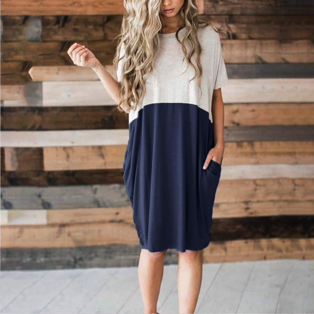 POTO Women Dresses, Loose Color Stitching Casual Dresses with Pockets Cotton Linen Tunic Dress Party Dress Beach Dress