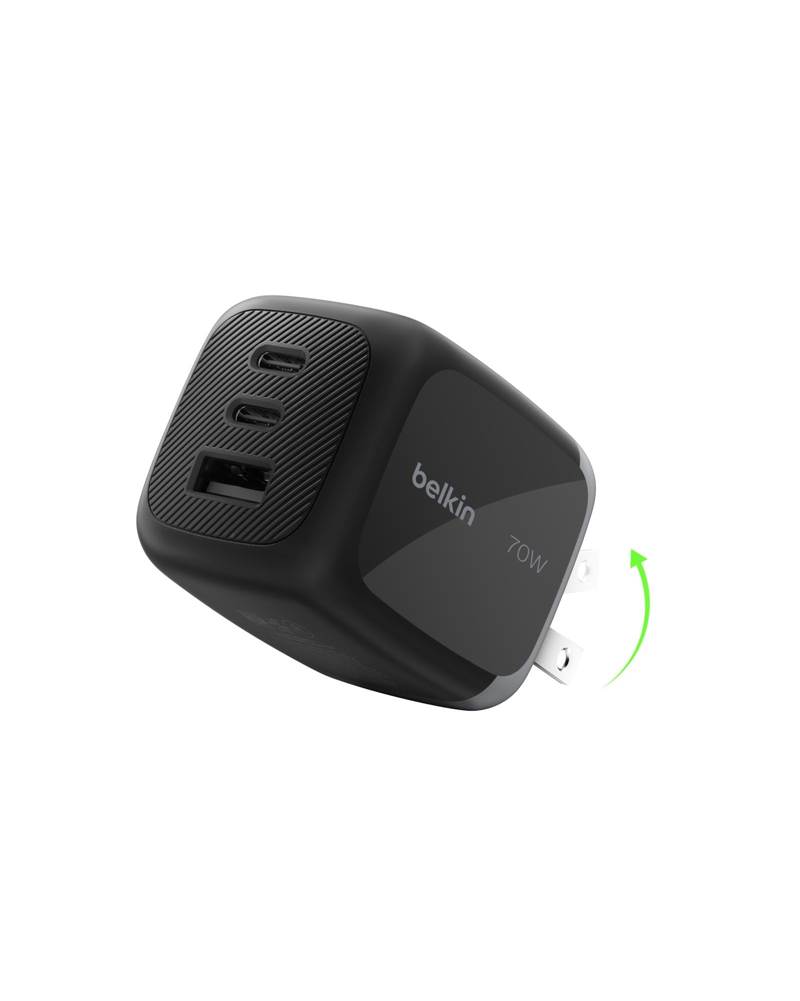 Belkin 3-Port USB C Charger Block 70W, Multi-Port GaN Wall Charger w/ 2X USB C Ports & 1x USB A Port, Fast Charging for MacBook, iPhone 17, iPad Pro, Samsung Galaxy S25, Google Pixel 10, & More