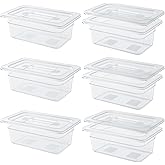 Qmeeki 6 Pack 1/4 Size 4'' Deep Clear Food Pans with Lids, Commercial Food Pans Acrylic Transparent Food Storage Containers, Stackable Plastic Pan with Capacity Scale, Restaurant Supplies Hotel Pan