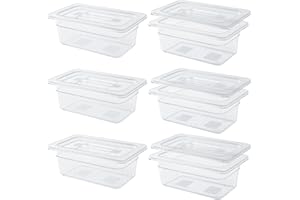 Qmeeki 6 Pack 1/4 Size 4'' Deep Clear Food Pans with Lids, Commercial Food Pans Acrylic Transparent Food Storage Containers, Stackable Plastic Pan with Capacity Scale, Restaurant Supplies Hotel Pan