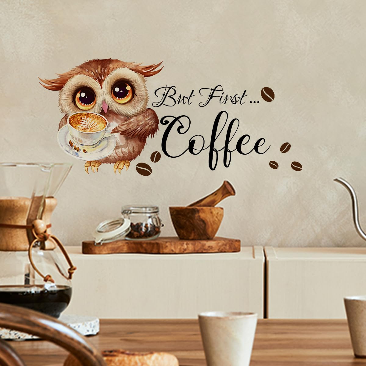 HGDESIGN® Wall Sticker Coffee Time But First Coffee Owl Cappuccino Wall Sticker Wall Decoration for Kitchen Dining Room (B)