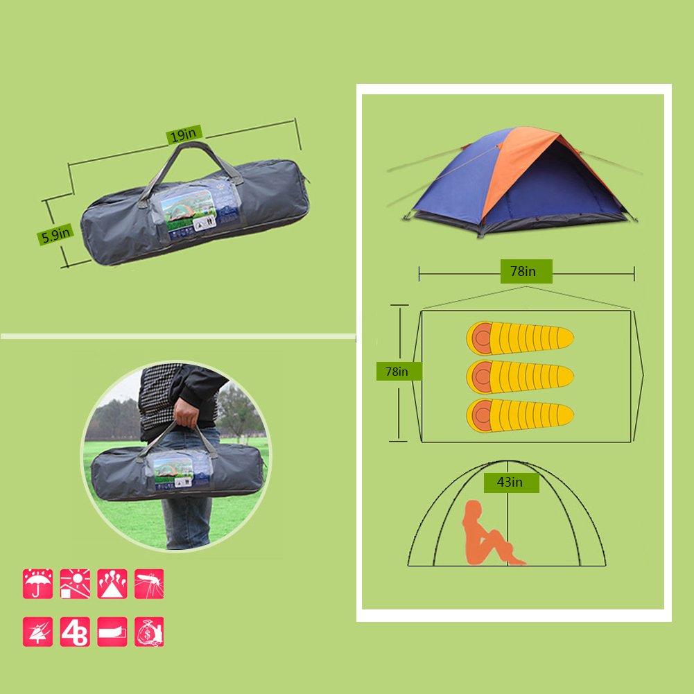 Camping Tent Double Layer 2 Door Backpacking Tents Hiking Shelters 4 Season Family Instant Tent (orange & blue, 3-4 person tent)