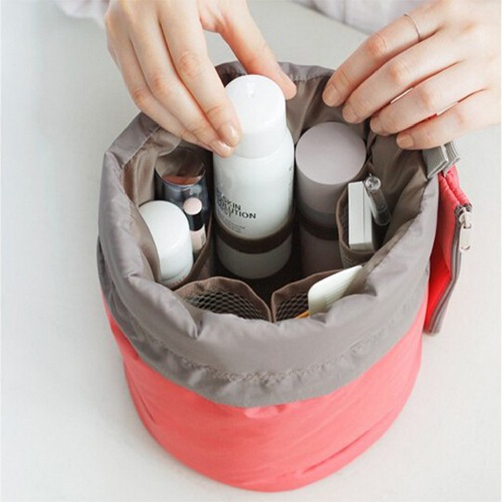 Finlon Cosmetic Bag Waterproof Travel Makeup Cosmetic Bag Travel Kit Organizer Bathroom Storage Cosmetic Bag Carry Case Toiletry Bag (Cylindrical Red)