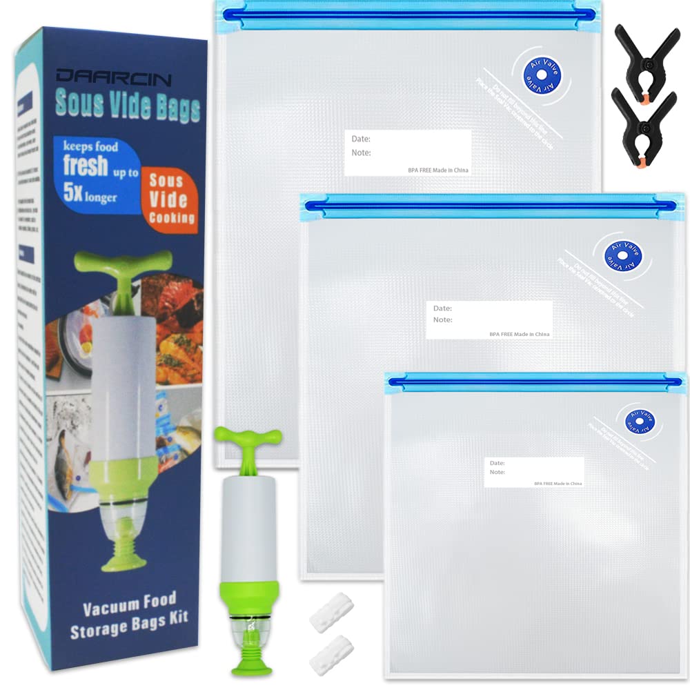 Photo 1 of *BAGS ONLY/ PUMP DOES NOT WORK* Sous Vide Bags 20pack Kit,Daarcin 3 Sizes Sous Vide Bag Kit with Pump-15 BPA Free Reusable Vacuum Sealer Bags-1 Hand Pump-2 Zipper Clips-2 Clamps for Food Storage and Sous Vide Cooking