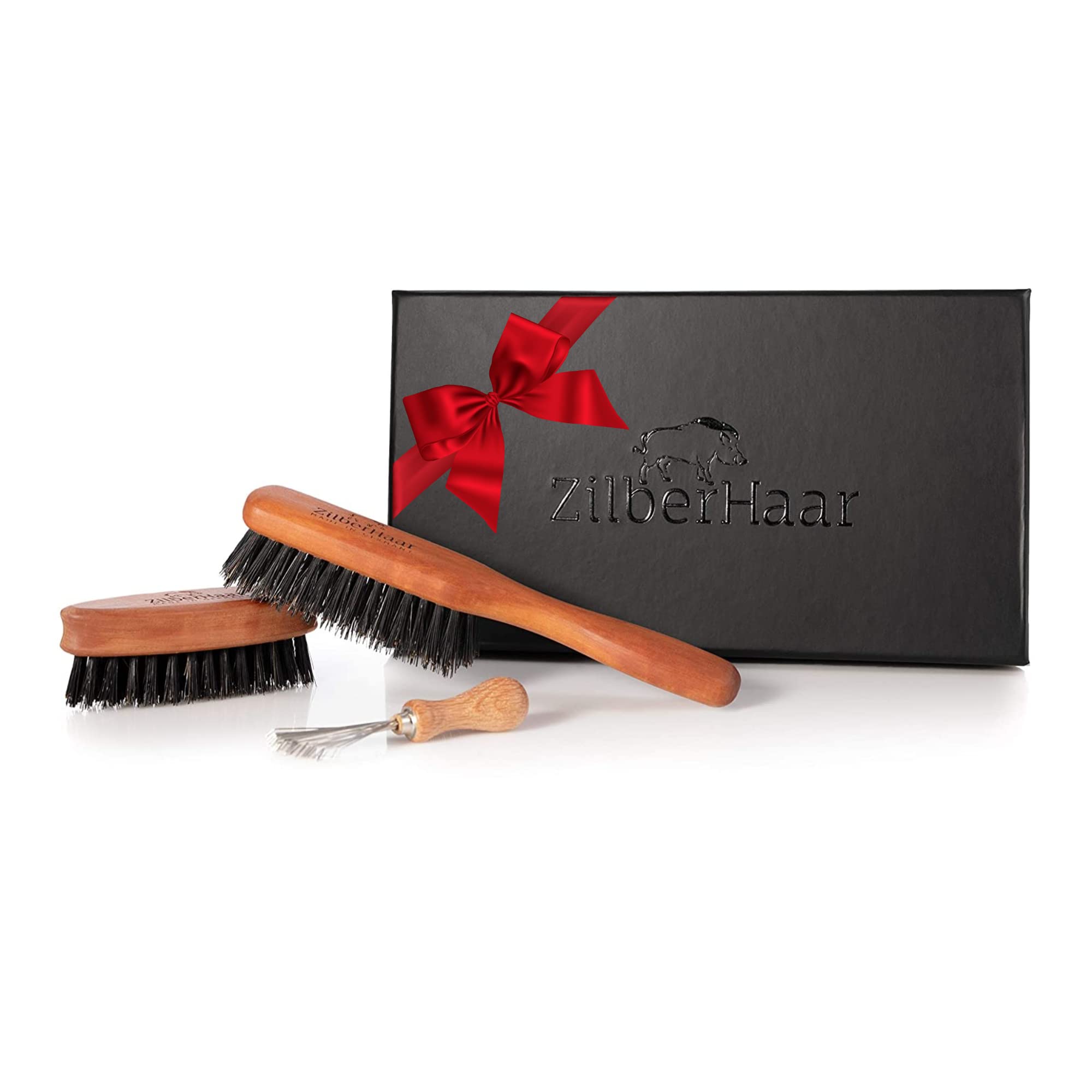 ZilberHaar - Beard Brush Grooming Kit for Men - 1 Beard Brush + 1 Pocket Brush + 1 Brush Cleaner Tool - Soft Boar Bristles and Pearwood - Stubbles and Short To Medium Beards - Distributes Balm & Oil