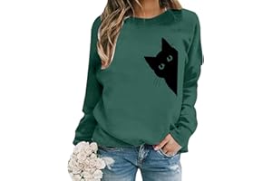 Women's Casual Long Sleeve Crewneck Pullover Top Featuring Adorable Cat Print for Everyday Comfort