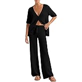 Imily Bela Women's Summer 2 Piece Swimsuit Cover up Crochet Knit Cardigan Tops Long Pants Set Bathing Suit Beach Outfit