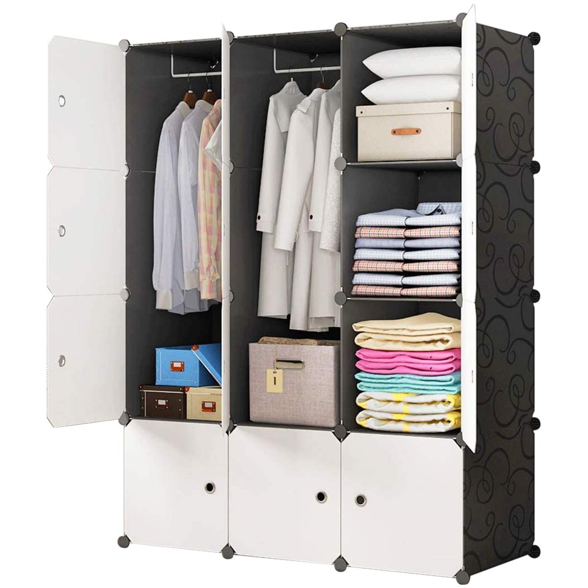 BRIAN & DANY 12 Cube Portable Wardrobe Closet, Modular Storage Organizer with Doors & 2 Hangers, Deeper Cubes for Larger Space