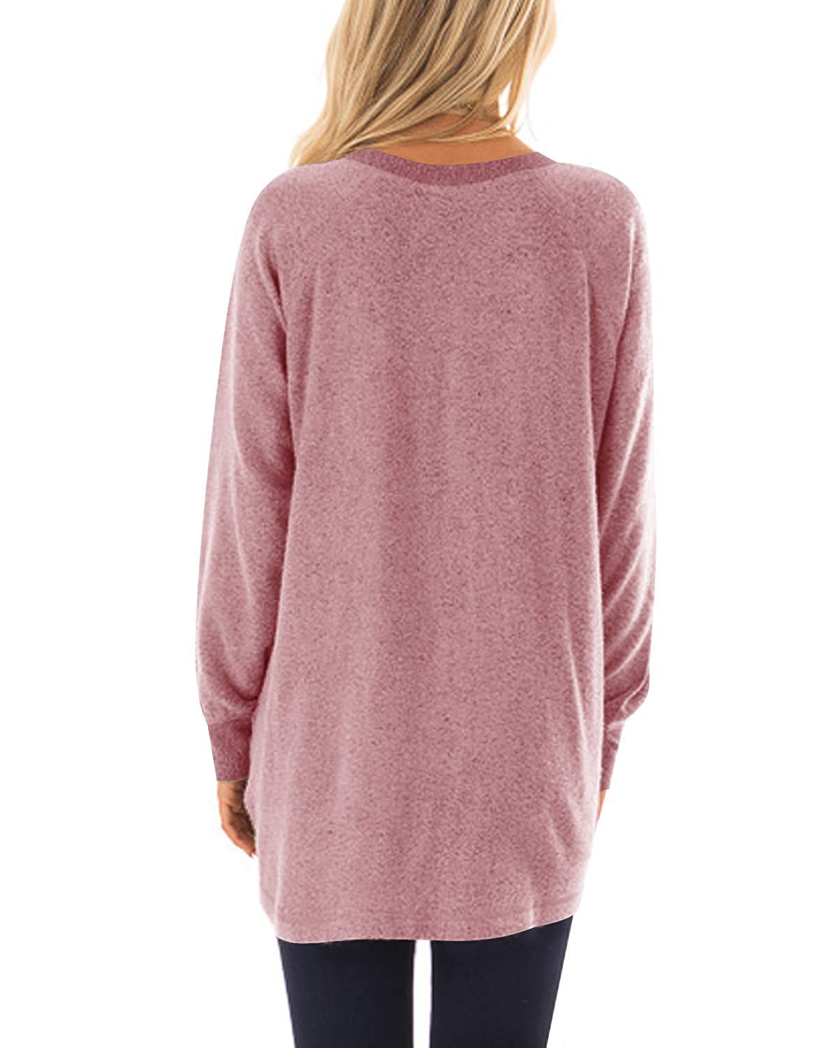 Womens Casual Long Sleeve Round Neck Pocket T Shirts Blouses Sweatshirts Tops Pink