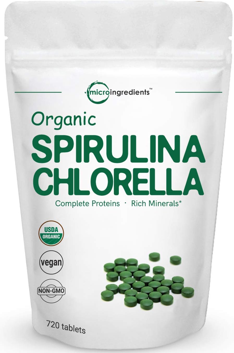 Organic Chlorella Spirulina 3000MG, 720Tablets, 120 Servings Rich in