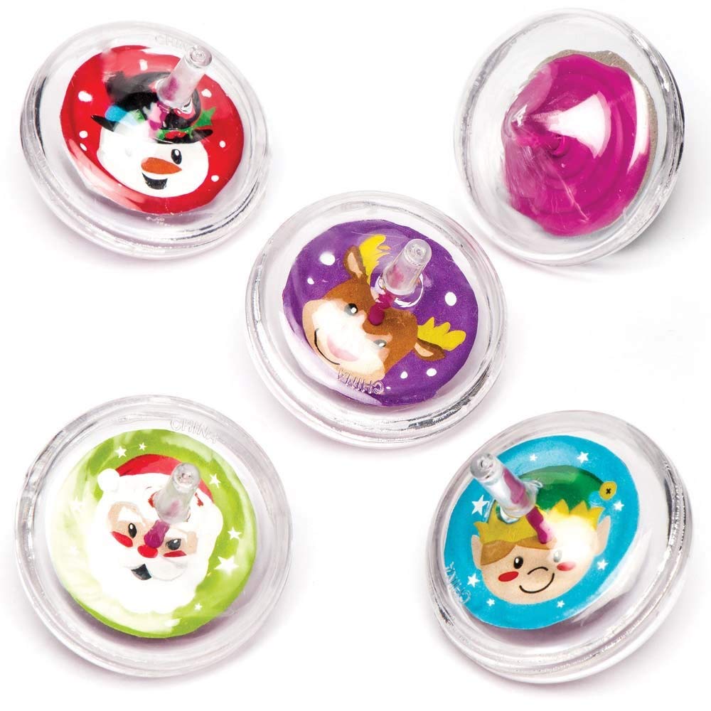 Baker Ross AR889 Christmas Spinning Tops - Pack of 8, For Kids Fun Christmas Party Bag And Stocking Fillers
