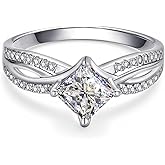 LieYovanaRing Princess Cut Engagement Ring Twisted Split Shank Promise Ring, 18K White Gold Platinum Plated Silver 1CT Moissanite Center Anniversary Eternity Bands for Women Jewelry Gift for Wedding Birthday