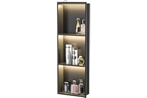 Bernkot Led Shower Niche 36" X 12" Matte Black Stainless Steel Shower Niche with 3-Tiers Shelf & Light IP66 Waterproof No Tile Needed Niches Shower for Bathroom Storage Recessed Bathroom Shelves