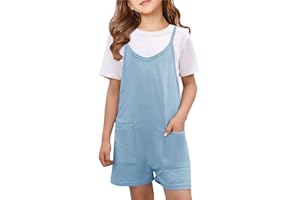 CharmWM Girls Summer Jumpsuits Spaghetti Strap Sleeveless Loose Romper Short Pants with Pockets 5-14 Years