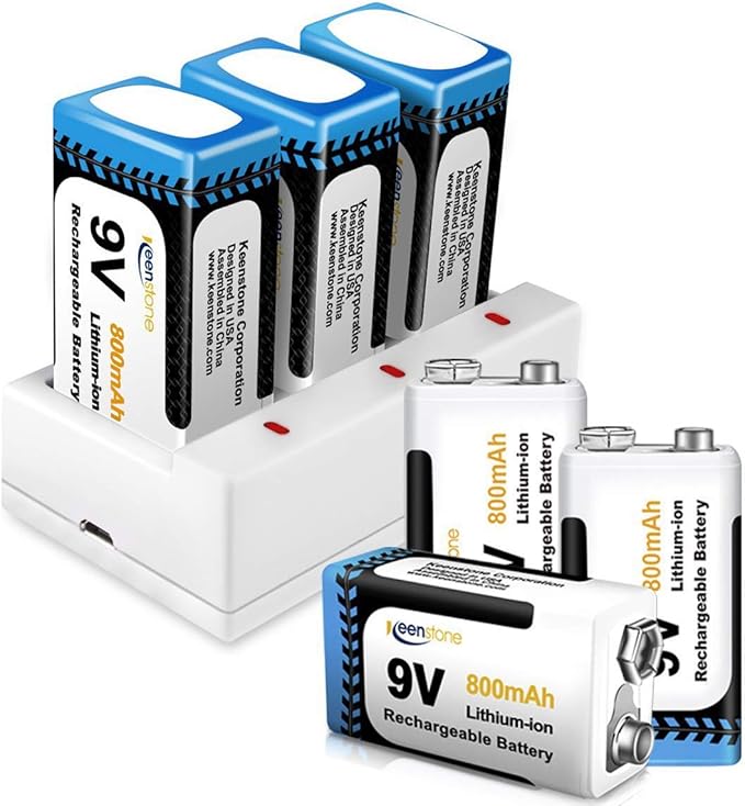 9V Battery Rechargeable with Charger, Keenstone 3pcs 9V PP3 Lithium-ion Block Rechargeable Battery & 3 Slots Charger, 800mAh, with USB Charging Cable, Ideal for Detectors