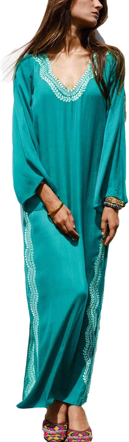 Ailunsnika Women Casual V Neck Embroidery Swimwear Cover Ups Side Slit Long Turkish Caftan Beach Dress