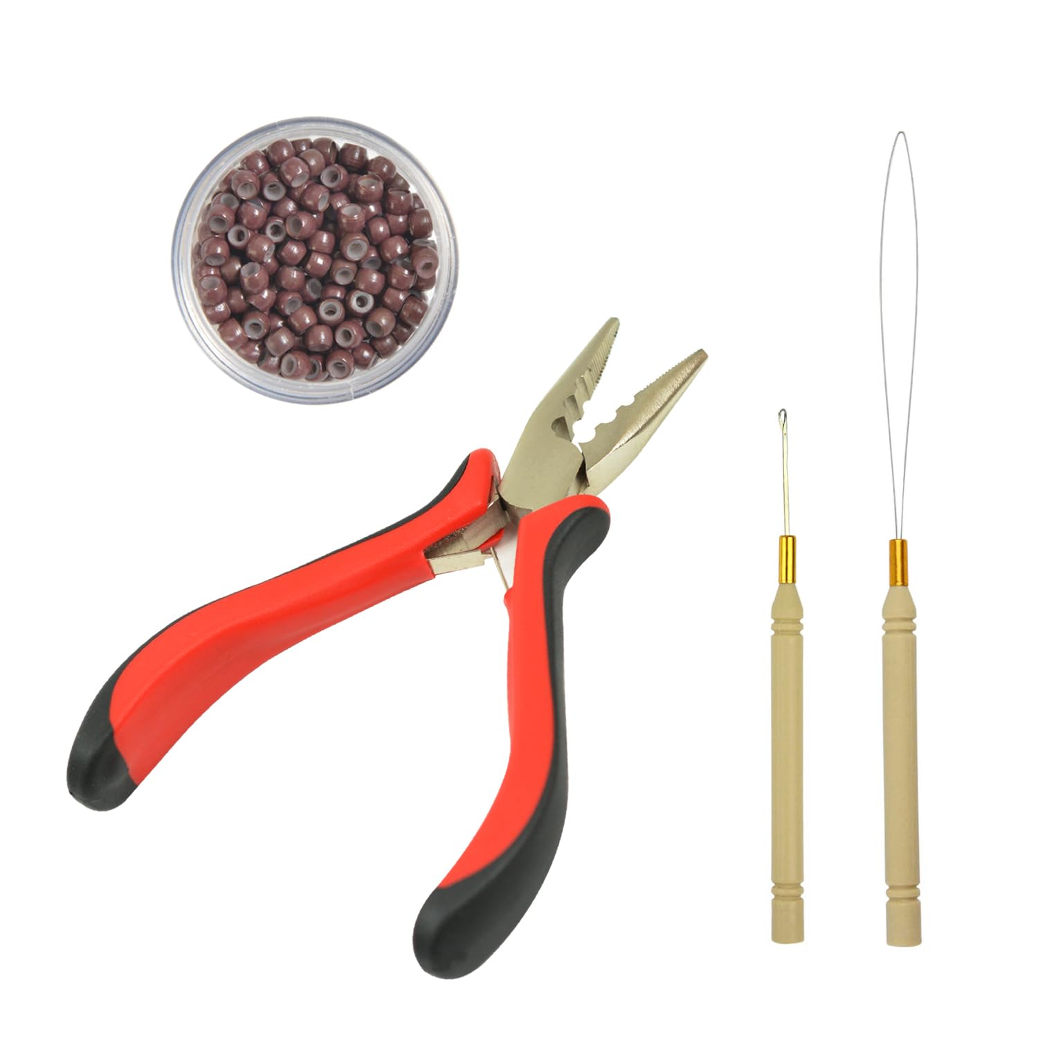 3-Hole Hair Extensions Pliers Tool Kit Hair Pliers Pulling Hook Bead Device and 200 pcs Silicone Lined Micro Rings (3mm Brown)