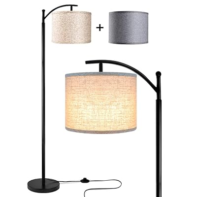 Rottogoon Floor Lamp for Living Room, LED Standing Lamp with 2 Lamp Shades Tall Industrial Arc Floor Lamp Reading for Bedroom, Office, Study Room (9W LED Bulb, Beige &amp; Gray Shades Included)