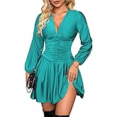 ChiaoLezhee Pleated Mini Dress, V Neck A Line, Semi Formal Cocktail, Smocked Ruched Short Skater Dresses Date Night for Women