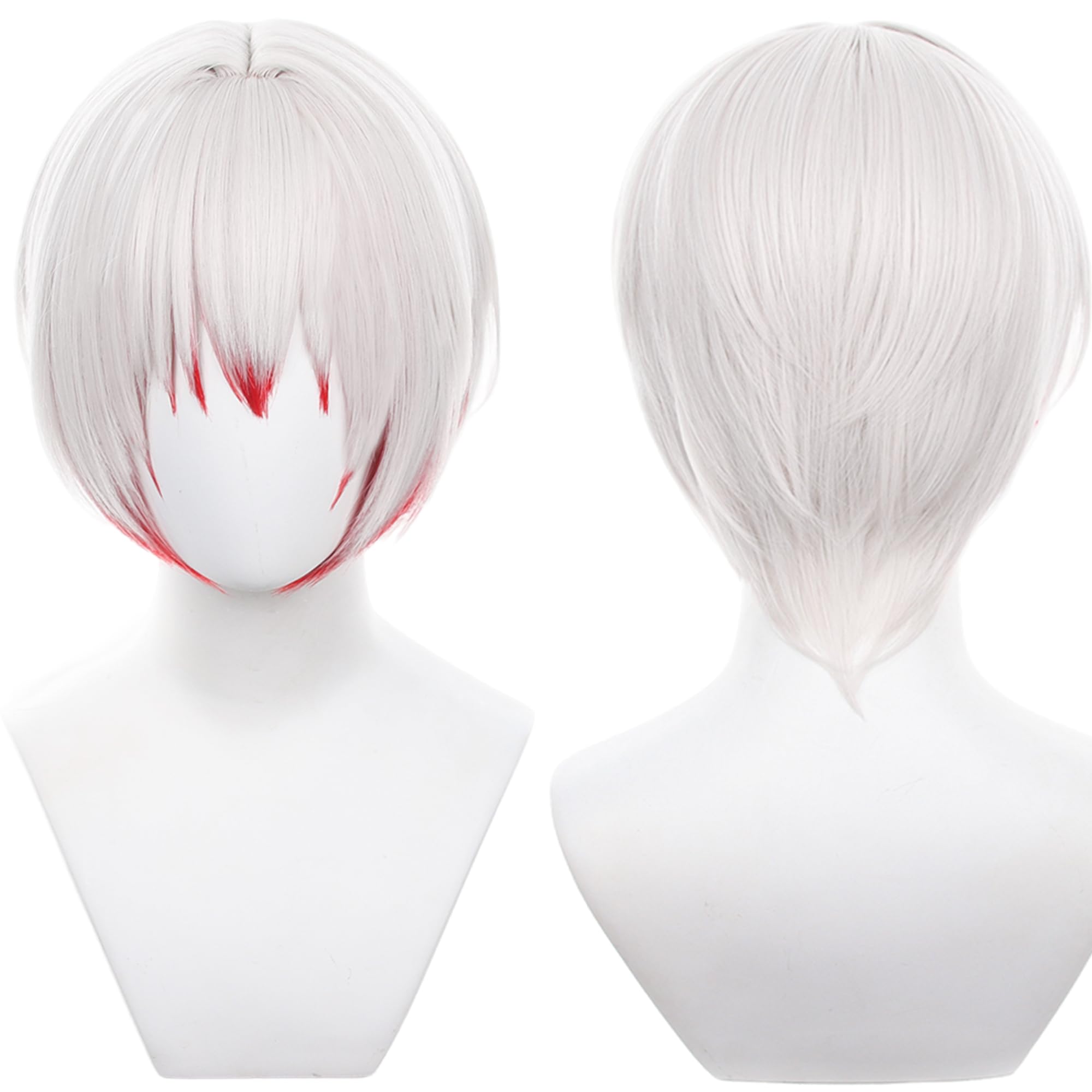 White Mixed Red Short Cosplay Wig with Bangs Heat Resistant Synthetic Universal Costume Hairs for Women Men Halloween Cos Anime Party Replacment Wigs