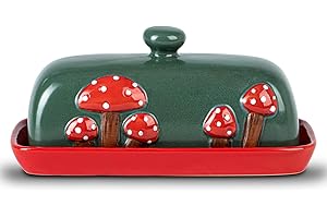 DGUDGU Mushroom Ceramic Butter Dish With Lid for Countertop - Red Container Tray, Large Covered