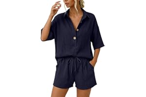 Linen Sets for Women 2 Piece Set Summer Short Outfits Vacation Cotton Shirt and Shorts Matching Oversized Button Casual Suits