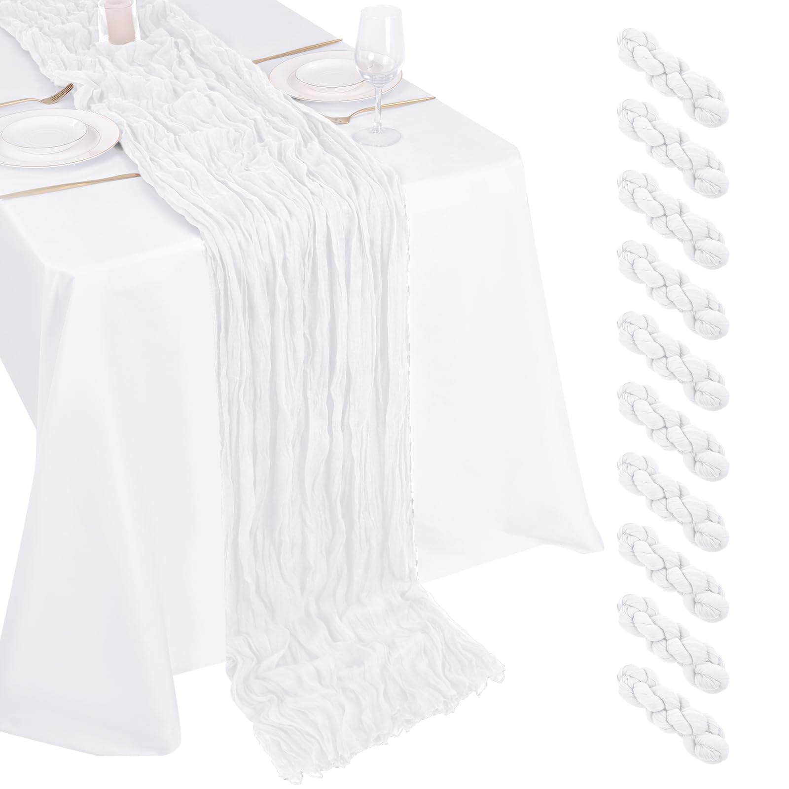 Photo 1 of 10 Pack White Cheesecloth Table Runner 17x108 Inch Boho Gauze Cheese Cloth Table Runners for Wedding Party Baby Shower Birthday Home Decor