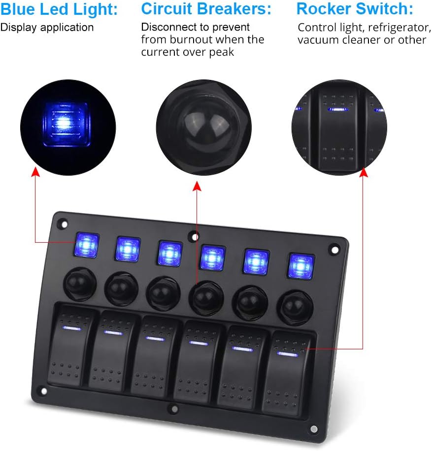 WATERWICH 6 Gang Marine Boat Car ON-Off Ignition Waterproof Toggle Rocker Switch Panel with12V/24V Circuit Breaker LED Voltmeter Car Charger for RV Vehicle Truck (6 Gang Blue) …: Automotive