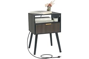 MAXSMEO Black Nightstand with Charging Station, Mid Century Modern Bedside Table with Open Shelf and Storage Drawer, End Table with Solid Wood Legs, Black