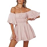 Dokotoo Womens Off The Shoulder Summer Dresses 2026 Short Lantern Sleeve Ruffle Elastic Waist A-Line Casual Mini Dress