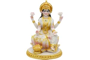 ALIKIKI Indian Goddess Meditation Lakshmi Figurine - 5.7”H Marble Look Murti Laxmi Idol Statue for Home Office Temple Mandir Pooja Item Puja Decor Diwali Gifts Indian Spiritual Decor Gift