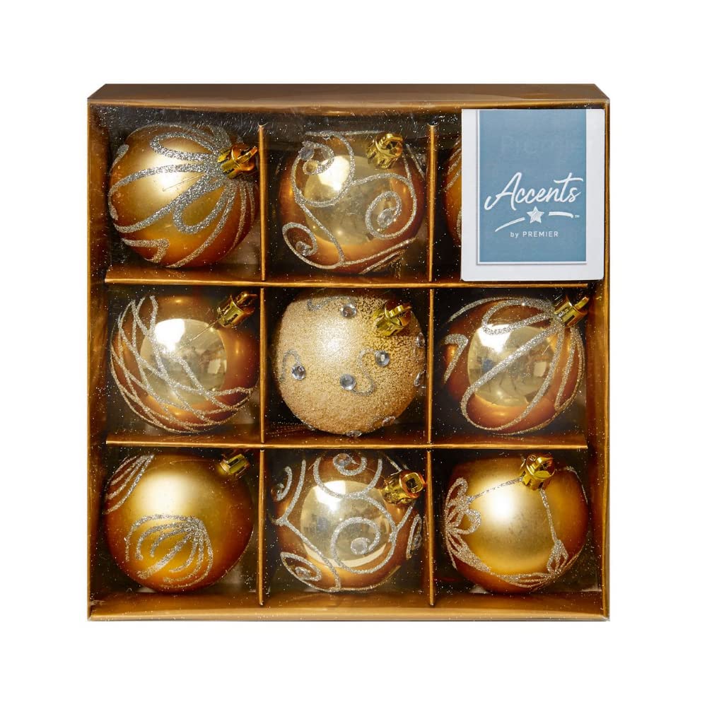 Premier 9 x 60mm Decorated Baubles - Champagne Gold