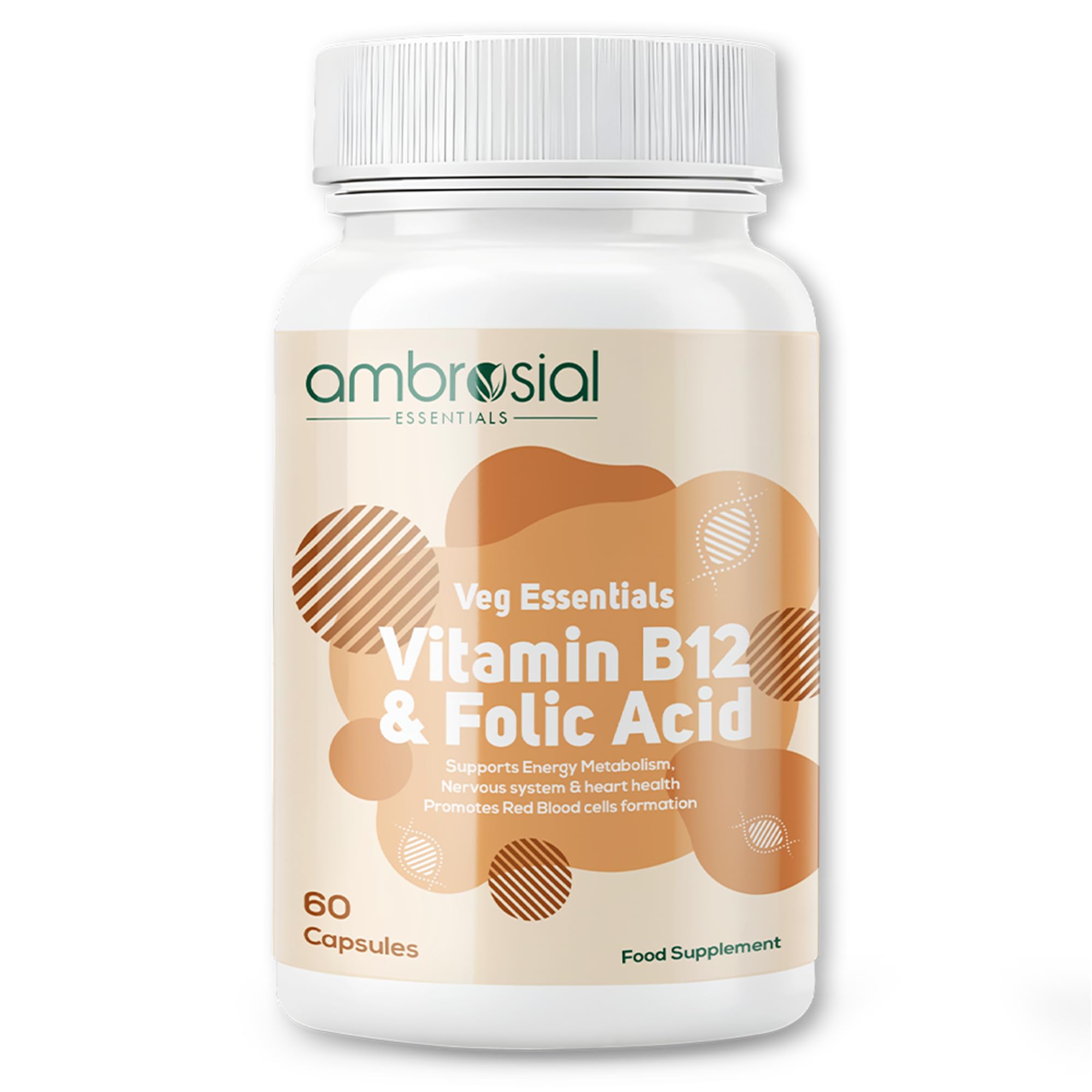 Ambrosial Vitamin B12 1000 mcg (Cyanocobalamin) & Folic Acid Tablets 500 mcg – Dual Formula in One Capsule – B12 Supplement for Women & Men –Vegan, GMP Certified – 60 Capsules (2 Months Supply)