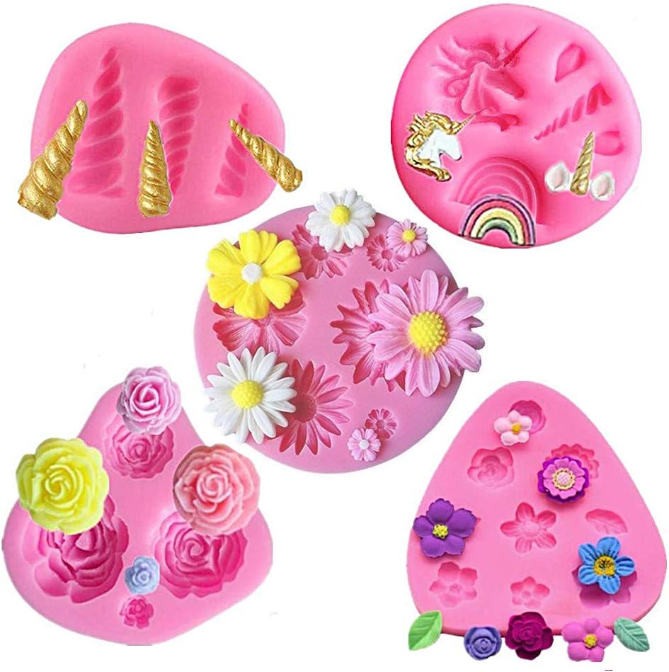 5 Pack Mini Unicorn Silicone Mold,Unicorn Ears Horn Rainbow Flowers and leaf,Silicone cake fondant mold Set,Cupcake Toppers Fondant Chocolate Mold for Children's Birthday,Baby Shower and Unicorn Theme