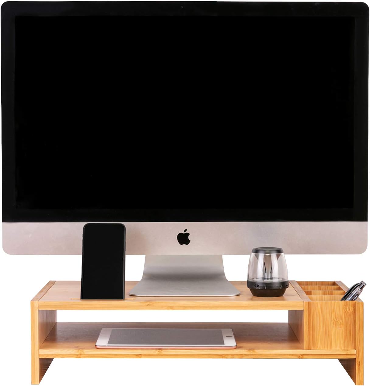 Bamboo Monitor Stand, 2-Tier Monitor Riser with Storage Accessories, Computer Desk Organizer, Office Desktop and Laptop Wooden Shelf by Olive Oak